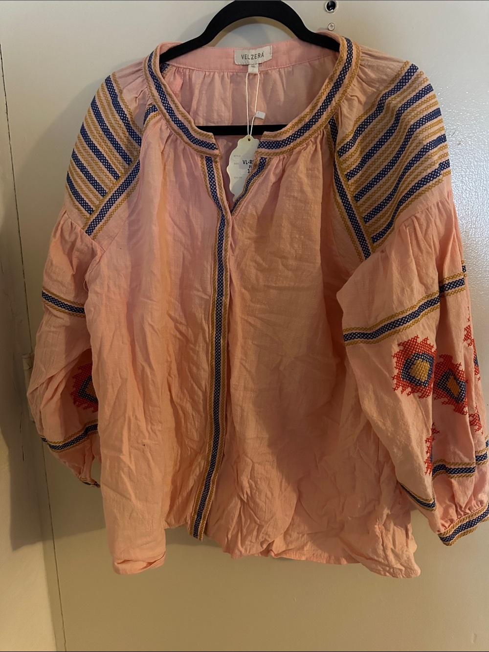 NWT Velzera Peach Pink Embroidered Peasant Jacket with Blue Trim 1XL
